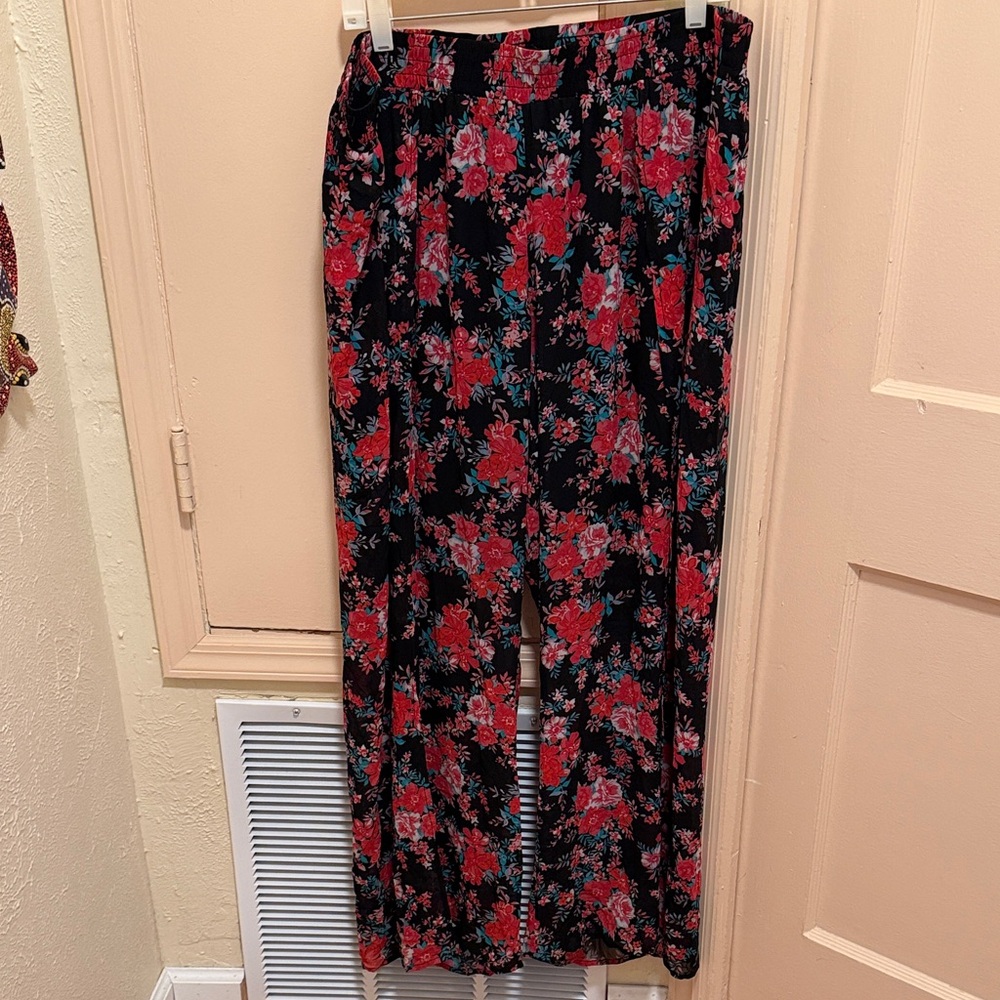 Torrid Black Floral Wide-Leg Pants with Coral and Teal Blooms